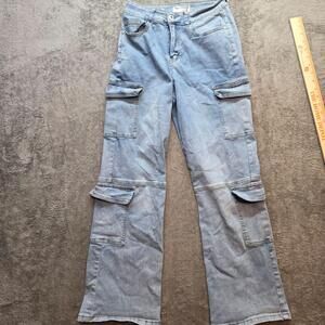 Celebrity Ace Wide Leg Jeans Juniors 9/29 Blue Light Wash Mid Rise Cargo Denim